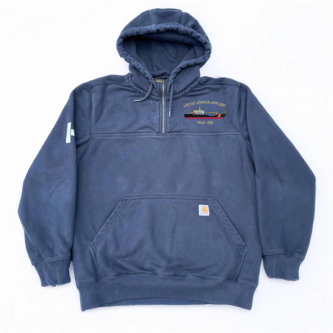 Blue hoodie with a 175 foot coast guard buoy tender on a white background