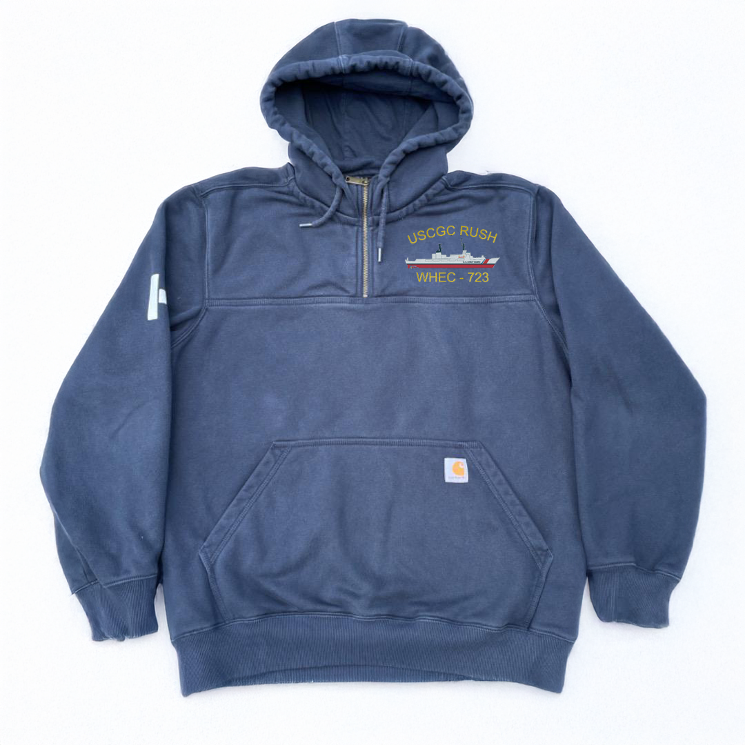 Blue hoodie with the USCGC RUSH (WHEC-723) embroidered on it